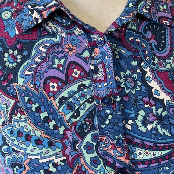 Talbots Blue, Aqua, Teal and Purple Paisley Long Sleeve Blouse - Picture 2 of 11